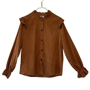 Zeagoo Camel Corduroy Ruffle Collar Snap Front Blouse Long Sleeve Top